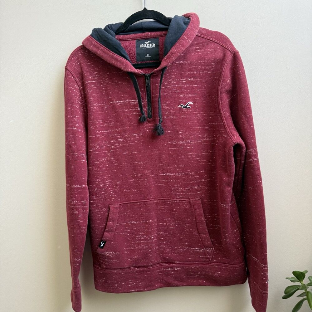 Hollister Red & Black Pullover Hoodie Pocket 1/4 Zip Size M